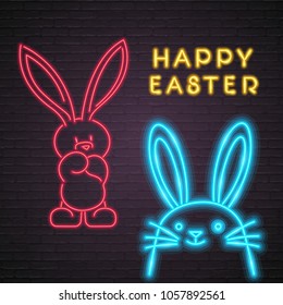 Happy Easter Bunny Neon Light Glowing Rabbit Silhouette Bright