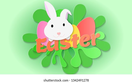 Happy Easter bunny on abstract Paper cut shapes with text title Easter. Colorful Egg hunt. Greeting card with bunny rabbit shape on green watercolor splash around. Composition of 3D holiday background