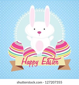 Happy Easter bunny on blue background. Vector Illustration