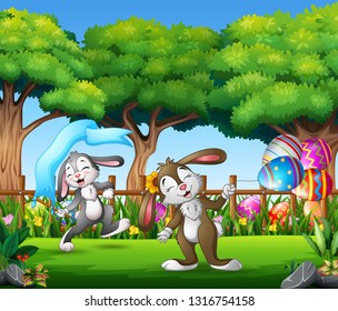 Happy easter bunny on the nature background