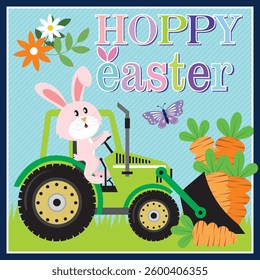 Happy Easter with bunny on tractor and carrots