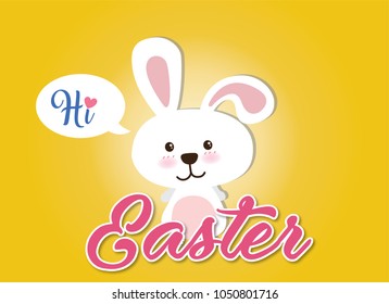 Happy Easter Bunny on yellow background. Vector illustration for Easter greeting card and invitation.