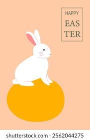 Happy easter bunny on yellow egg with pastel background. Easter abstract modern geometry card.
