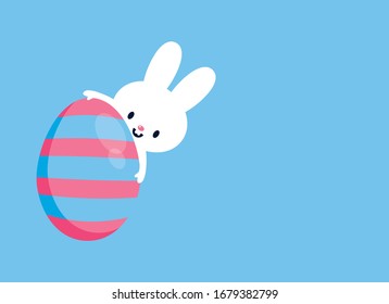 Happy Easter bunny with painted egg vector. White Easter bunny vector. Easter greeting card with copy space for text. Pink and blue easter egg vector