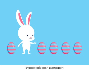 Happy Easter bunny with painted egg vector. White Easter bunny vector. Easter greeting card with copy space for text. Pink and blue easter egg vector