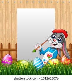 Happy Easter bunny painting egg with blank sign background