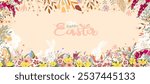 Happy Easter Bunny Paper Cut and Floral on Beige background,Horizontal banner greeting card,poster,holiday festive banner cover.Vector cute design with typography, flowers, easter eggs, branches