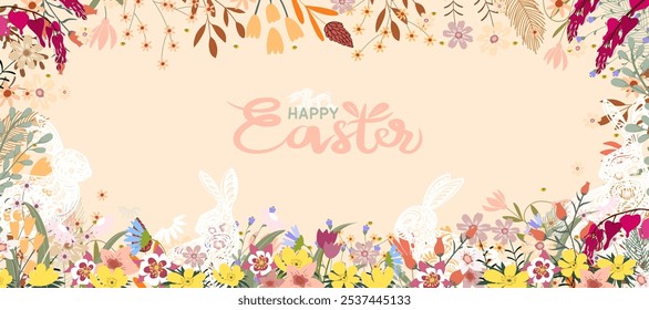 Feliz Pascua Conejito Papel Cortado y Floral sobre fondo beige, tarjeta de felicitación de Anuncio Horizontal, cartel, cubierta de Anuncio festivo de vacaciones. Diseño lindo de Vector con tipografía, flores, huevos de Pascua, ramas