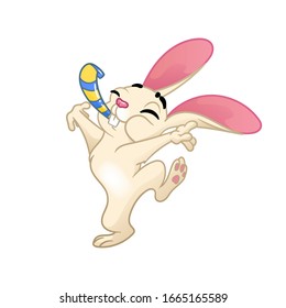 Frohe Osterhase mit Partyblume springt vor Freude, Feiern