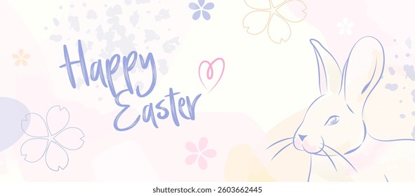 Happy Easter Bunny Pastel Banner. Soft Spring Design Background with Whimsical Flowers Pattern.