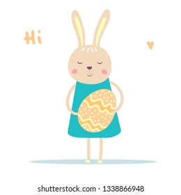 Happy easter bunny with patterned easter egg.Hand drown cartoon animal vector illustration.Cute character for postcard, poster, print,baby design.