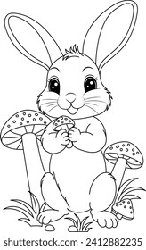 Happy Easter Bunny picking mushrooms coloring page. Easter colouring page