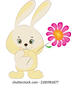 Happy Easter bunny with pink flower hand drawn vector illustration.Cute rabbit cartoon character.