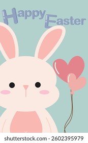 Happy easter bunny with pink heart balloon pastel flat art design. Cute rabbit decorate with festive vector concept of celebration, holiday and spring time for postcard clipart illustration style.