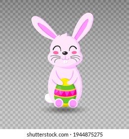 Happy Easter Bunny. Pink Rabbit.  Cute Bunny. Huppy Bunny With Egg.Vector Illustration. PNG. Happy Easter On A Transparent Background.