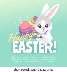 Happy easter bunny poster. Cute white rabbit with easter egg cartoon bunnies celebration greeting card