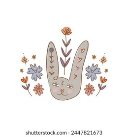 Happy Easter bunny rabbit banner template trendy cute vector postcard composition with spring holiday elements. Good for cards, flyer, leaflet, product label, social networks and more. Set of boho
