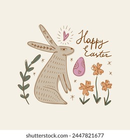 Happy Easter bunny rabbit banner template trendy cute lettering typographic vector postcard composition with sign, spring holiday elements. Good for cards, flyer, leaflet, product label, social