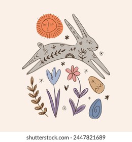 Happy Easter bunny rabbit banner template trendy cute vector postcard composition with spring holiday elements. Good for cards, flyer, leaflet, product label, social networks and more. Set of boho