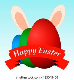 Happy easter bunny rabbit behind eggs with red ribbon, vector background