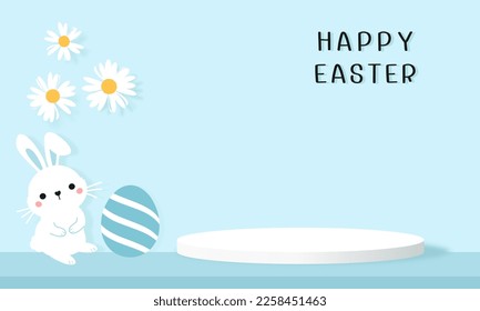 Happy Easter with bunny rabbit cartoon, daisy flower, egg and white podium display 3d rendering vector minimal pastel product background.