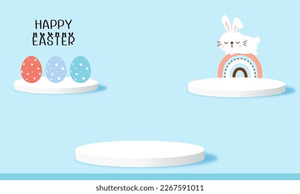 Happy Easter with bunny rabbit cartoon, rainbow, hand written fonts, eggs and white podium display 3d rendering vector on blue background.