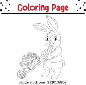 Happy Easter bunny rabbit cartoon character in black and white outline. Easter coloring book page for kids