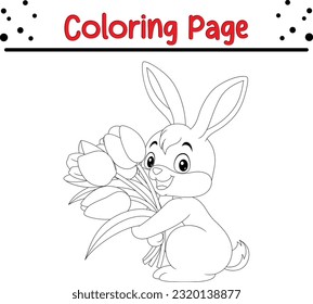 Happy Easter bunny rabbit cartoon character in black and white outline. Easter coloring book page for kids