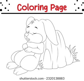 Happy Easter bunny rabbit cartoon character in black and white outline. Easter coloring book page for kids