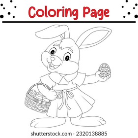 Happy Easter bunny rabbit cartoon character in black and white outline. Easter coloring book page for kids