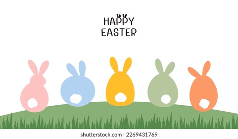 Happy Easter with bunny rabbit cartoons green lawn and hand written fonts on white background vector illustration.
