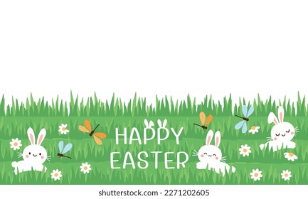 Happy Easter with bunny rabbit cartoons, daisy flower, green lawn and dragonflies vector illustration.