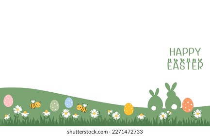 Happy Easter with bunny rabbit cartoons, daisy flower, green lawn and bees vector illustration.