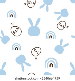 Happy Easter with bunny rabbit cartoons and, rainbow and chicken eggs on white background vector. 