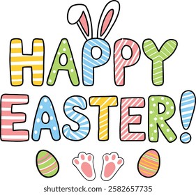 Happy Easter bunny or rabbit ear and eggs vector art on a white background