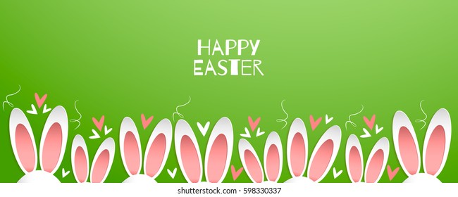 Happy easter bunny. rabbit ears border. Cute bunny ears in row. Egg hunt brochure, flyer, design, poster, banner, voucher, web element. Branches on green background.