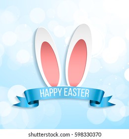 Happy easter bunny rabbit ears with festive blue ribbon on blue background. Luxury design for easter egg hunt, card, flyer,  poster, banner, voucher, web element.