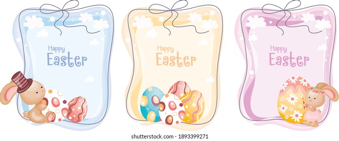 Happy Easter bunny rabbit with Easter eggs greeting card vector