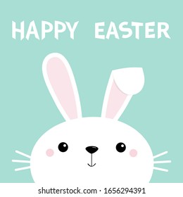 Happy Easter bunny rabbit face. Cute cartoon kawaii funny baby character. Long ears. Farm animal collection. Blue background. Spring greeting card. Isolated. Flat design. Vector illustration