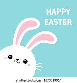 Happy Easter Bunny rabbit face head in the corner. Cute kawaii cartoon funny smiling baby character. White farm animal. Blue background. Isolated. Flat design. Vector illustration