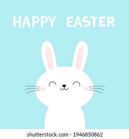 Feliz carita de conejo de Pascua. Cute caricatura kawaii divertido personaje sonriente de bebé. Orejas largas. Recogida de animales de granja. Tarjeta de saludo de primavera. Diseño plano. Fondo azul. Aislado. Ilustración del vector