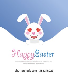 Happy Easter. Easter Bunny / Rabbit Falls in Love- Greeting Card and Poster Template with Blue and White Background and Emotional Expression. Vector Element Graphic Illustration Design.