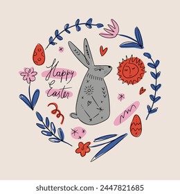 Happy Easter bunny rabbit frame banner template trendy cute lettering typographic vector postcard composition with sign, spring holiday elements. Good for cards, flyer, leaflet, product label, social