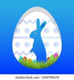 Feliz Conejo Conejo de Pascua con césped e ilustración de huevos