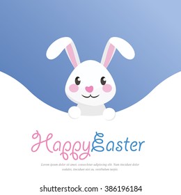 Happy Easter. Easter Bunny / Rabbit - Greeting Card and Poster Template with Blue and White Background and Emotional Expression. Vector Element Graphic Illustration Design.