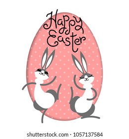 Happy Easter. Bunny rabbit hare inside painted egg frame window. Cute cartoon character. Baby greeting card. Pink background. Vector illustration.