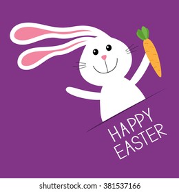 Happy Easter. Bunny rabbit hare holding carrot Paper pocket. Baby greeting card. Violet background. Flat design. Vector illustration