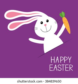 Happy Easter. Bunny rabbit hare with carrot in the pocket. Baby greeting card. Violet background. Flat design. Vector illustration