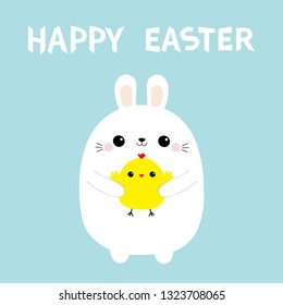 Happy Easter. Bunny rabbit holding chicken. Baby chick bird friends. Farm animal. Cute cartoon kawaii funny character. Blue pastel background. Flat design. Vector illustration