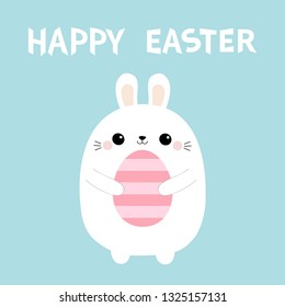 Happy Easter. Bunny rabbit holding pink painting egg. Farm animal. Cute cartoon kawaii funny baby character. Blue pastel background. Flat design. Vector illustration